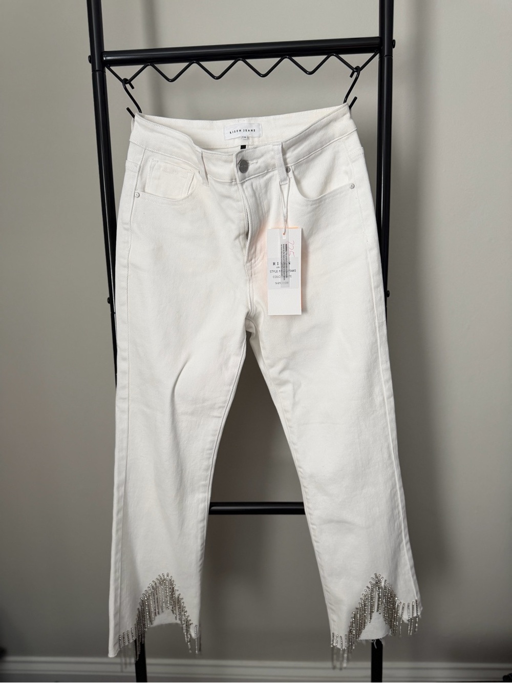 Risen White Rhinestone Fringe Straight Leg Jeans Size 7 NWT